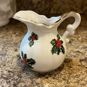 Vintage Lefton China Creamer Mini Pitcher with Hand Painted Holly Berry Design